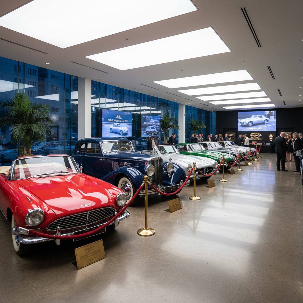Classic automobiles lined up in a showroom for specialty collector auction event