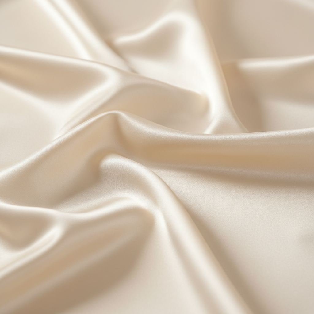 Ivory silk charmeuse fabric draped elegantly, showing lustrous sheen and fluid drape, soft studio lighting