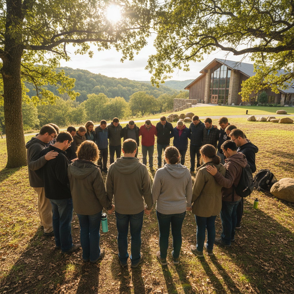 Grace Fellowship team in a circle prayer before the day's work begins in Haiti