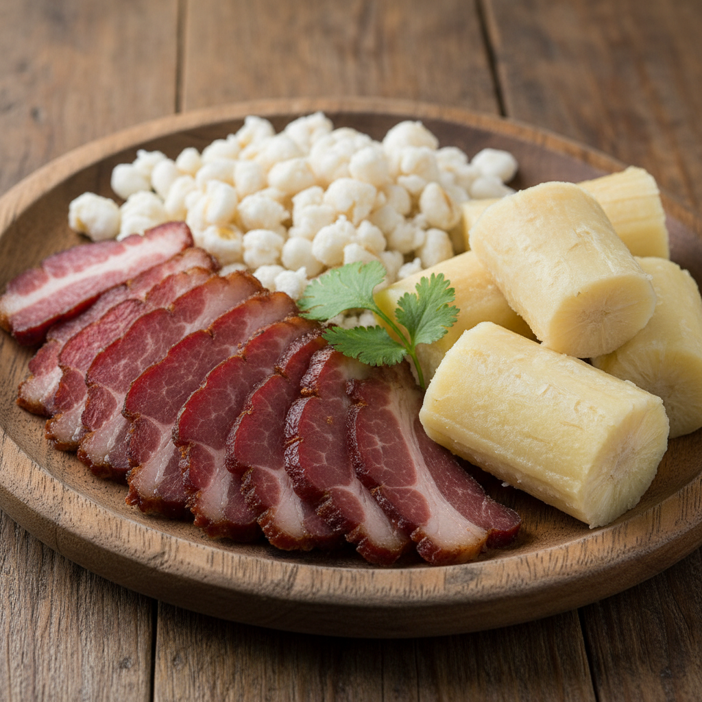 Cecina de cerdo ahumada y seca servida con mote blanco y yuca cocida en plato de madera rústico