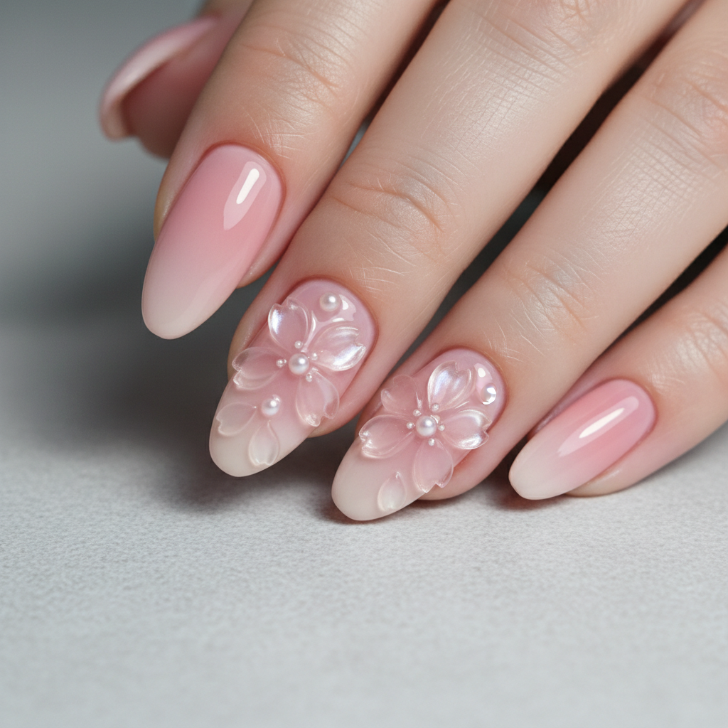 Intricate hand-painted cherry blossom nail art on long almond nails with pink and white petals