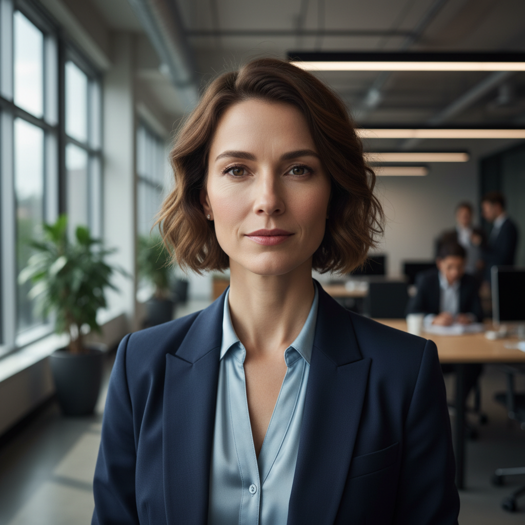 Professional headshot of Sarah Mitchell, CEO with short brown hair in navy blazer against modern office background