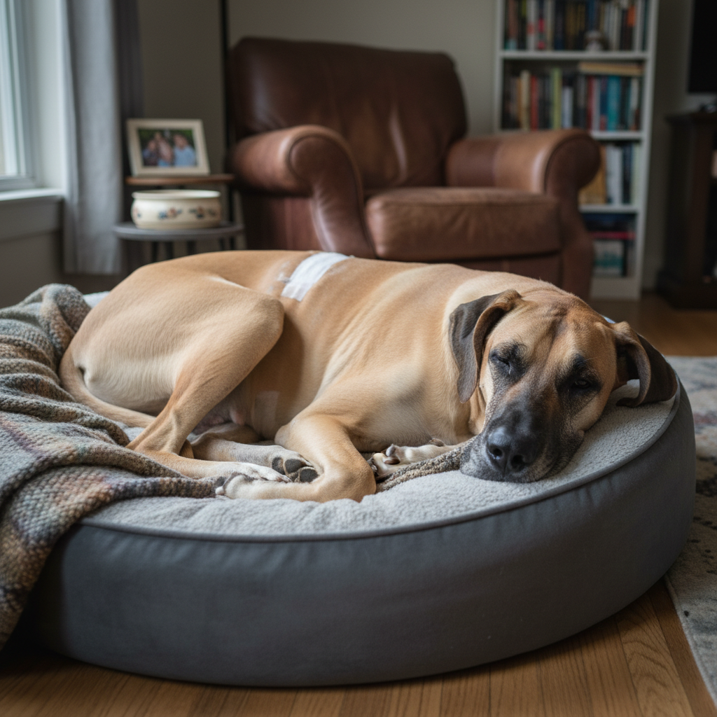 Great Dane resting calmly on a dog bed after gastropexy surgery