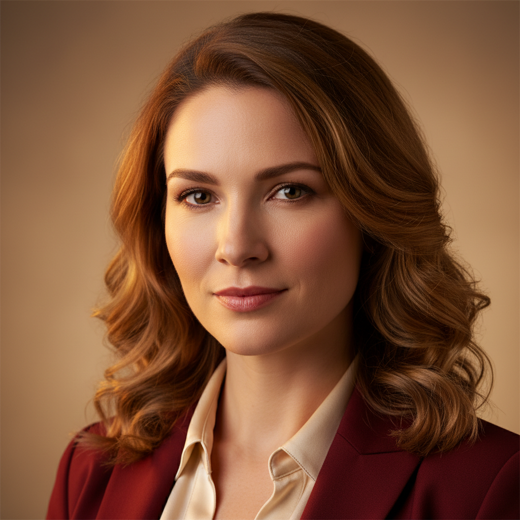 Portrait of a woman with blonde hair, soft natural light, warm professional setting