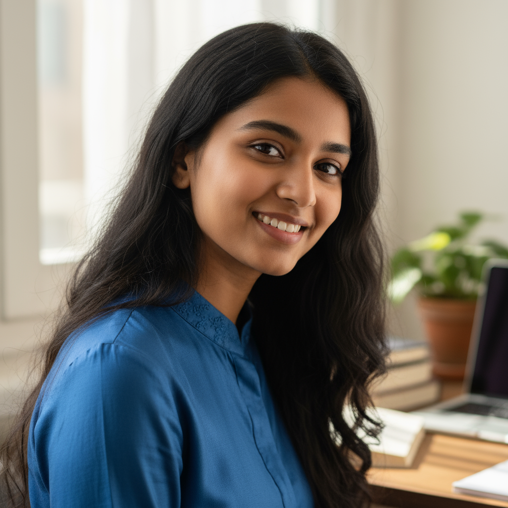 Young Indian woman student with bright smile as profile photo