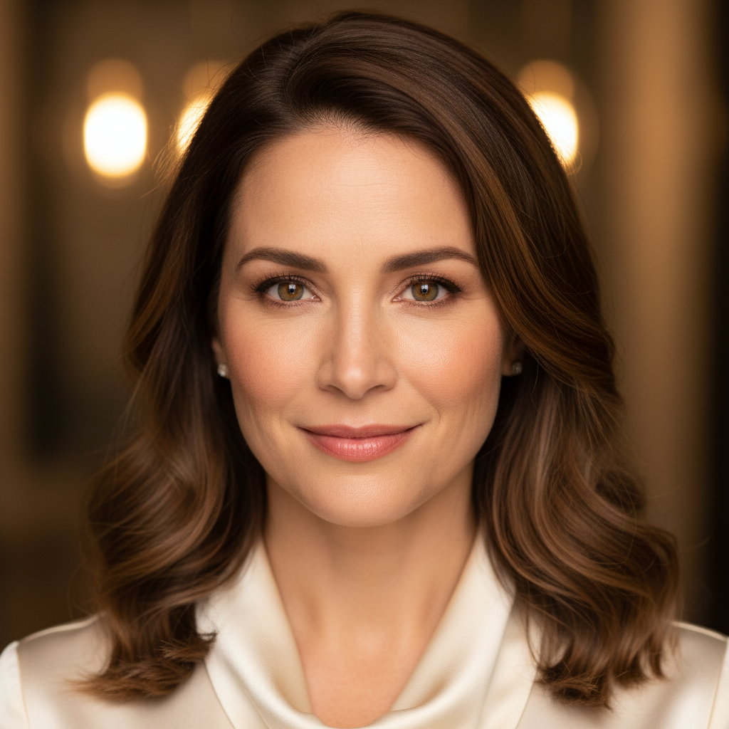 Michelle Crawford fashion editorial portrait, warm studio lighting, elegant fashion director in tailored outfit, confident gaze