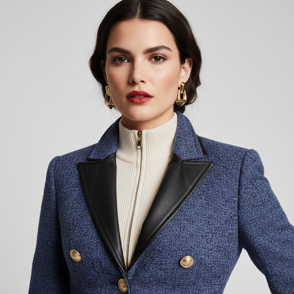 Woman in tailored dickey jacket, bright editorial