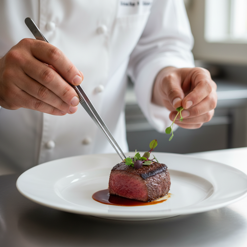 Chef plating a filet with tweezers over a white ceramic plate