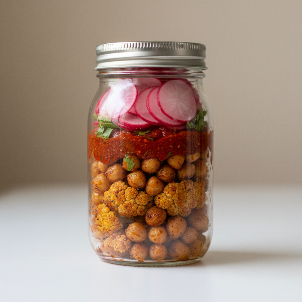 Harissa roasted cauliflower and chickpeas with pickled radish in a jar, vibrant colors
