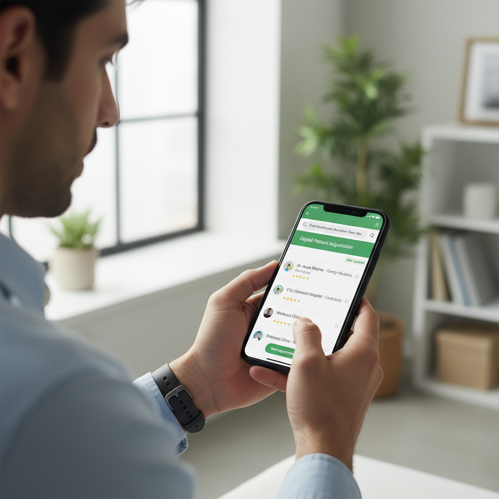 Patient using smartphone to search for healthcare providers online, representing digital patient acquisition and AEO optimization