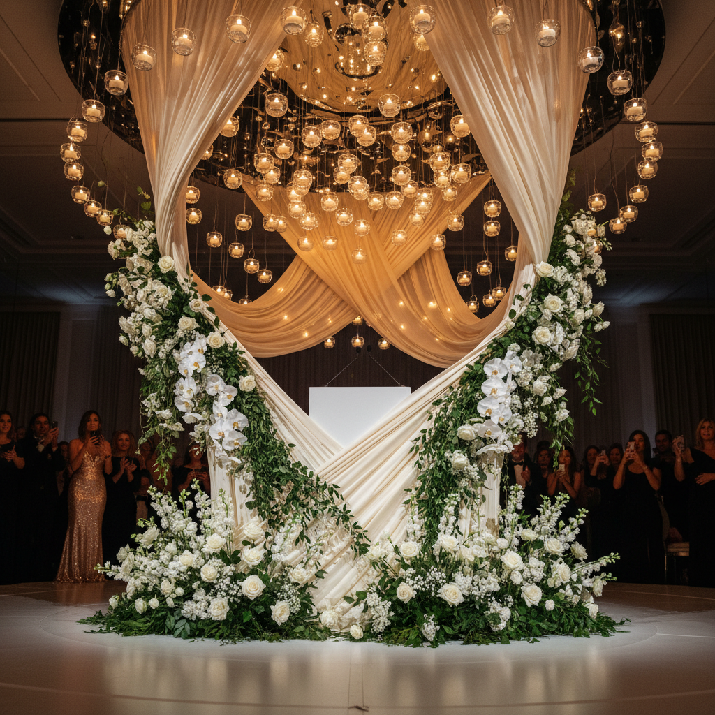 Elegant white floral arch at wedding ceremony with candles and draped fabric in bright hall