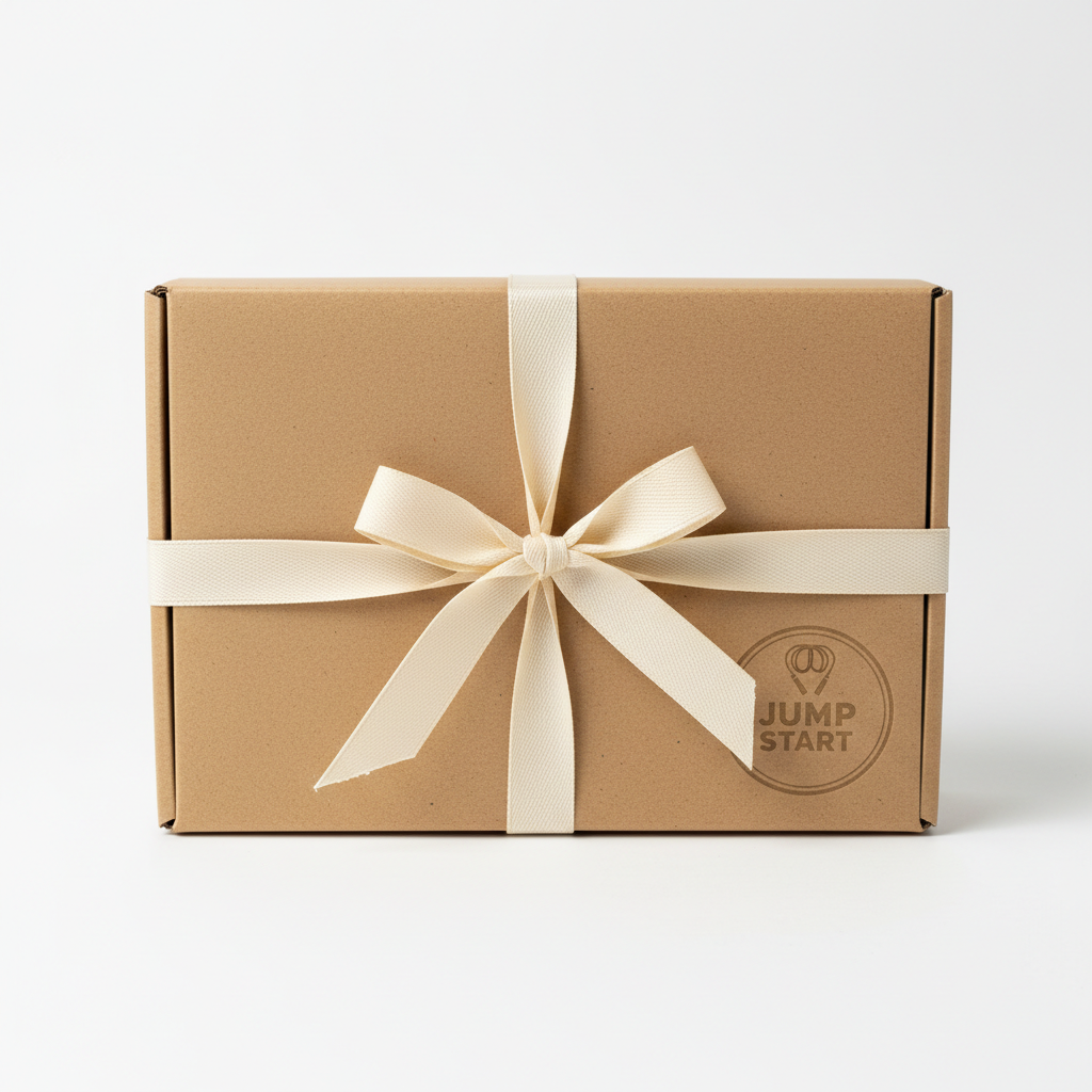 Jump rope starter gift set in kraft paper box with ribbon, minimalist packaging