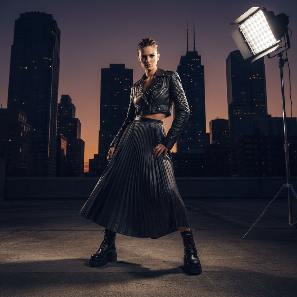 Fashion model in editorial shoot with dramatic lighting on rooftop