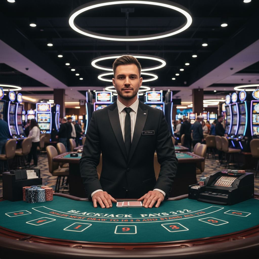 Professional casino dealer at a live blackjack table with cards