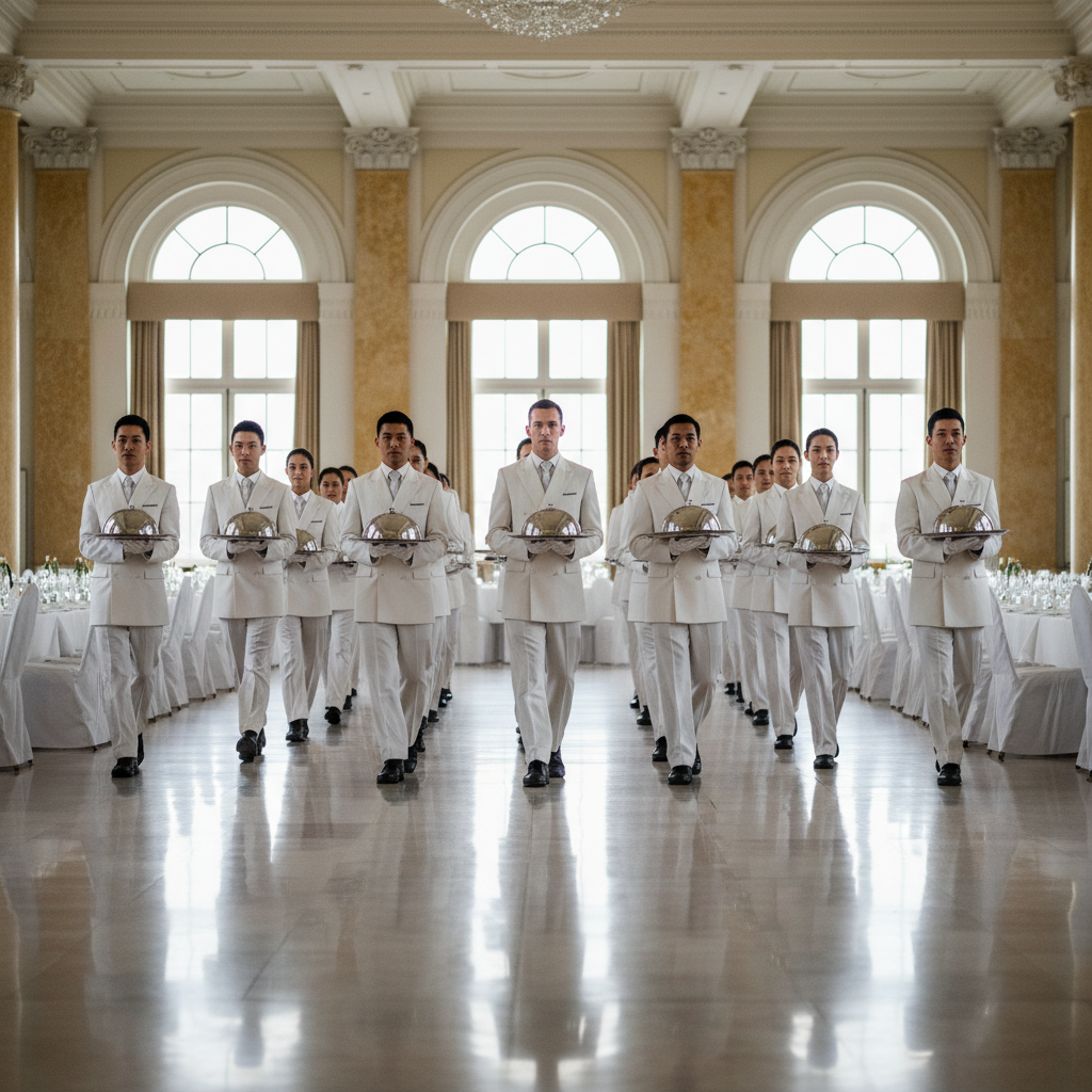 Synchronized service team in white uniforms carrying dishes in perfect formation to banquet tables