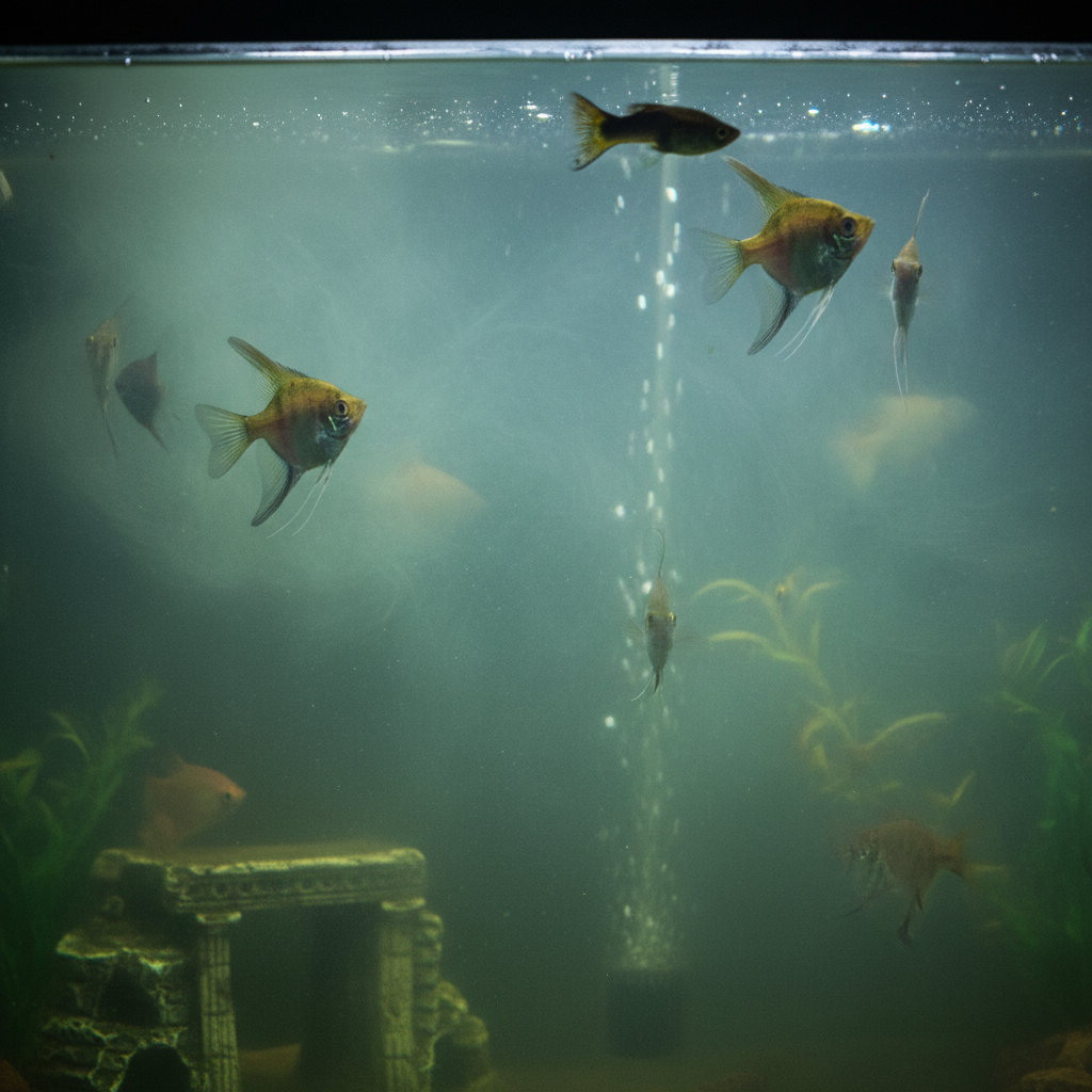 Cloudy aquarium water with poor visibility and stressed fish