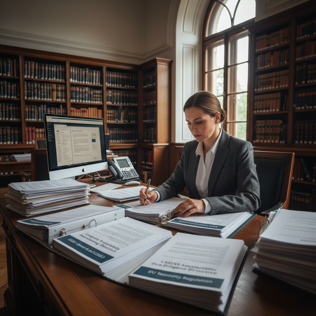 Legal and compliance professionals reviewing ESG regulatory documents and governance frameworks in a law library