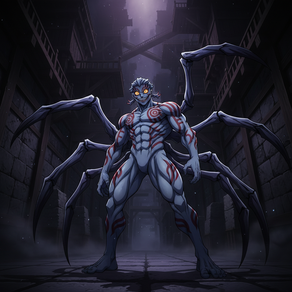 Upper Moon Three demon with spider-like features in a dark corridor of the infinity castle