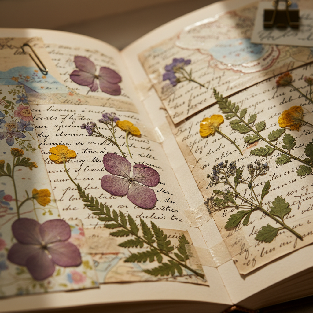 Open journal with handwritten notes, pressed flowers between pages, soft warm lamp light, healing and gentle atmosphere