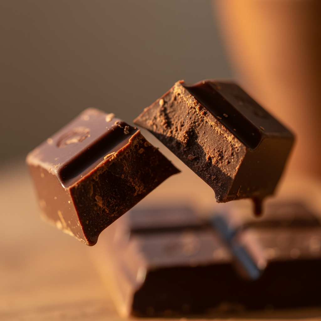 Single square of dark chocolate caught mid-snap, crystalline cross-section texture visible with cocoa butter sheen under low afternoon light
