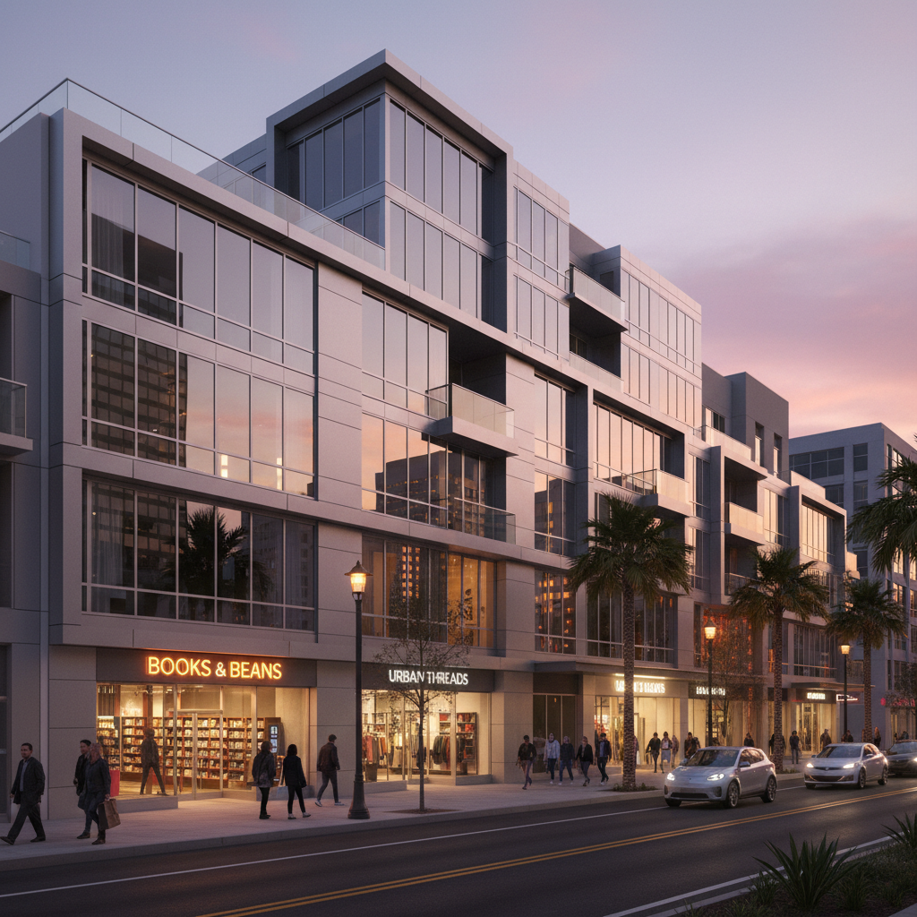 Modern mixed-use building on South Congress Avenue Austin Texas with retail and residential floors