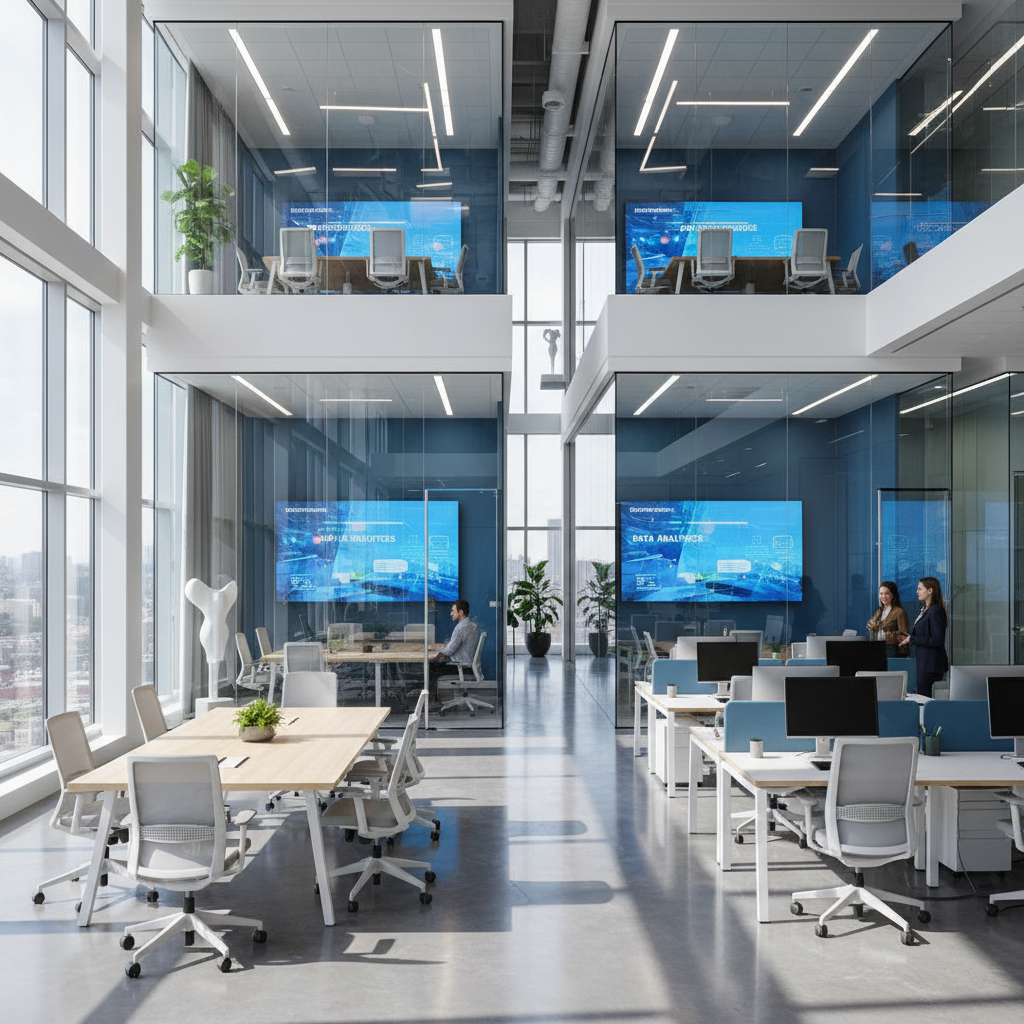 Modern corporate office workspace with multiple computer workstations and glass partitions
