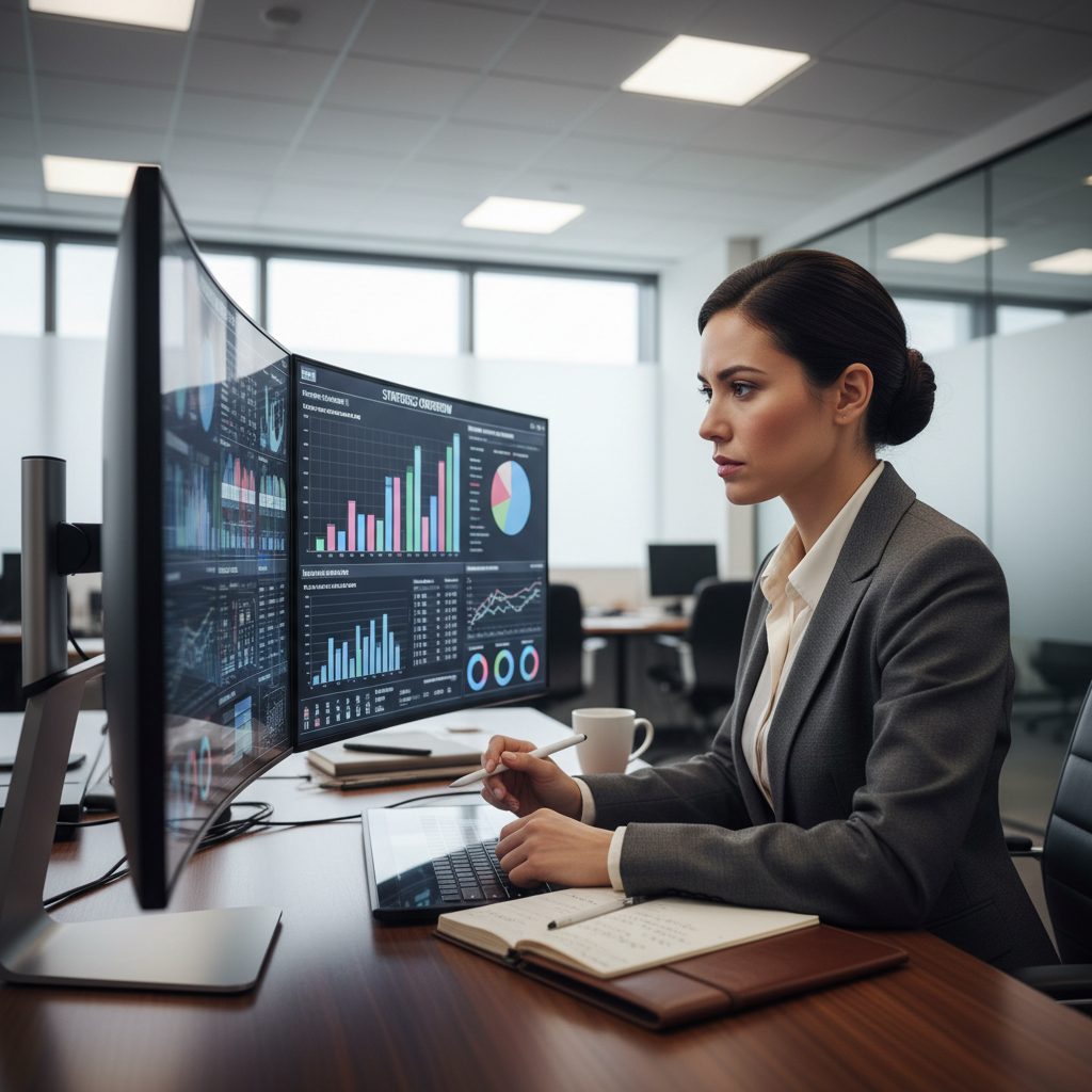 Professional executive in business attire reviewing strategic dashboard analytics