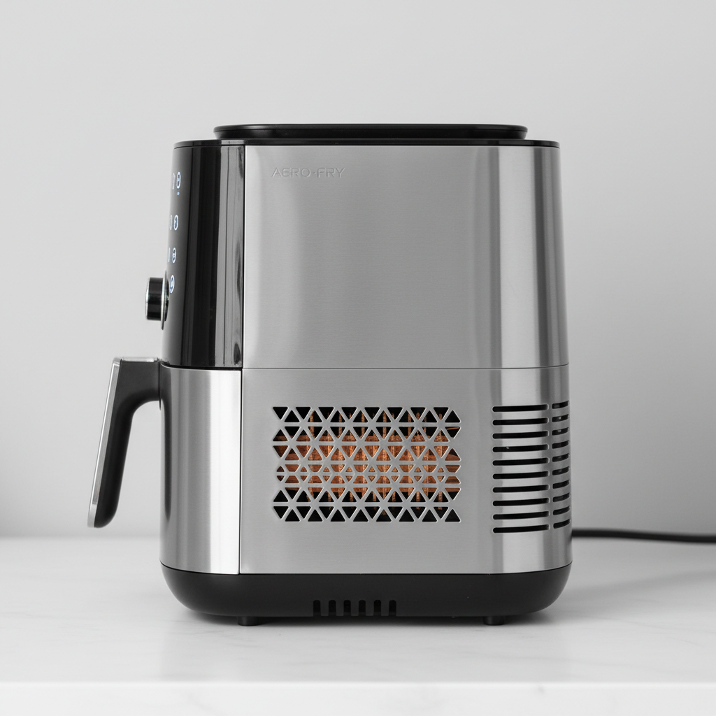 Inventum airfryer zwart met groot bakmandje, driekwart aanzicht op grijze achtergrond