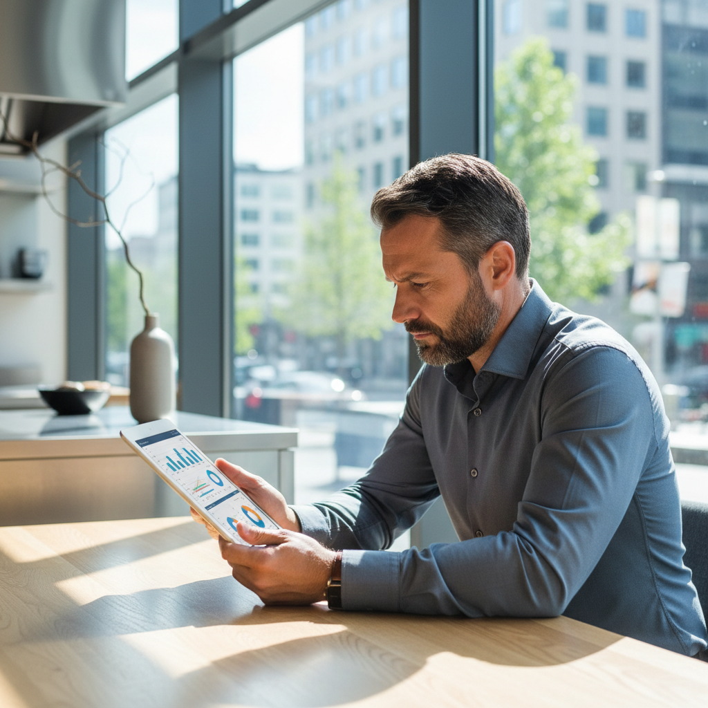 Restaurant owner reviewing financial reports on a tablet in a modern kitchen setting