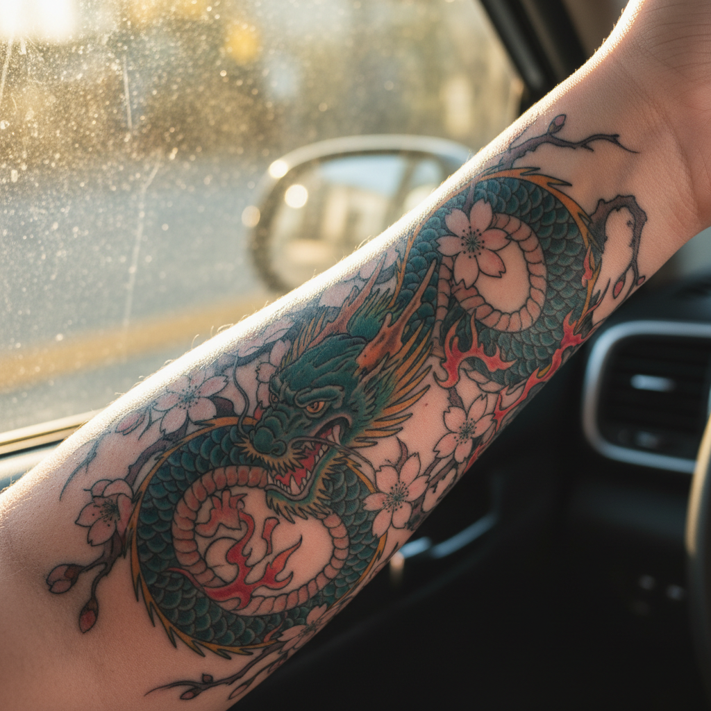 Healed tattoo catching sunlight through car window showing vivid detail