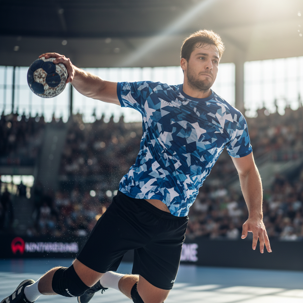 Player in mid-jump releasing handball shot, sweat visible on face