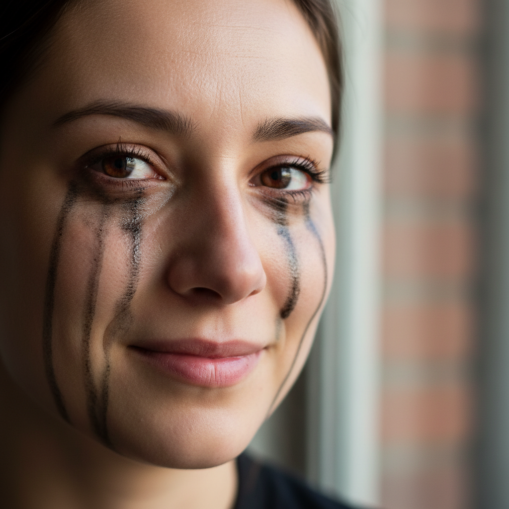 Close-up of a tear-streaked face, mascara running, person looking directly at camera with a small smile