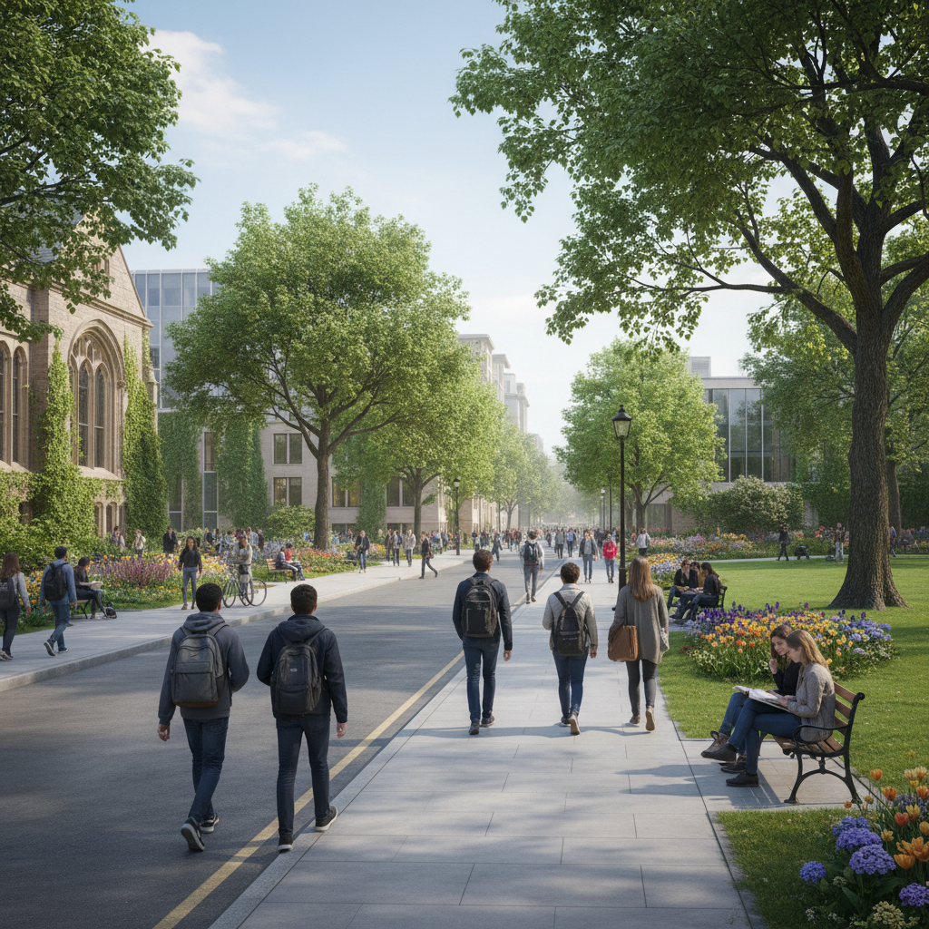 Beautiful university campus with students walking between buildings