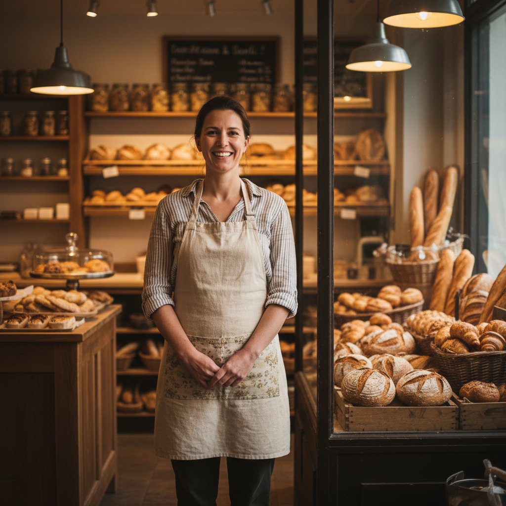 Successful bakery owner smiling in front of freshly baked products display