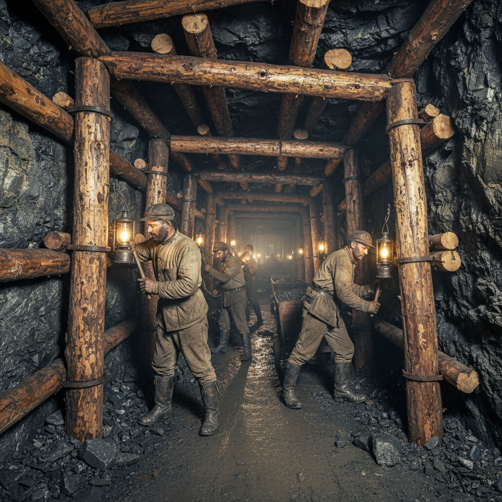 Historical black and white photo of early underground mine with timber supports and miners with carbide lamps