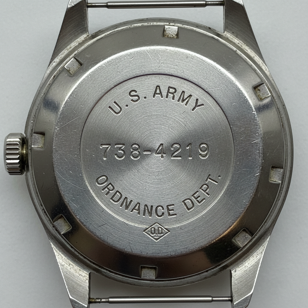Vintage watch caseback engraving showing serial number and military inscription