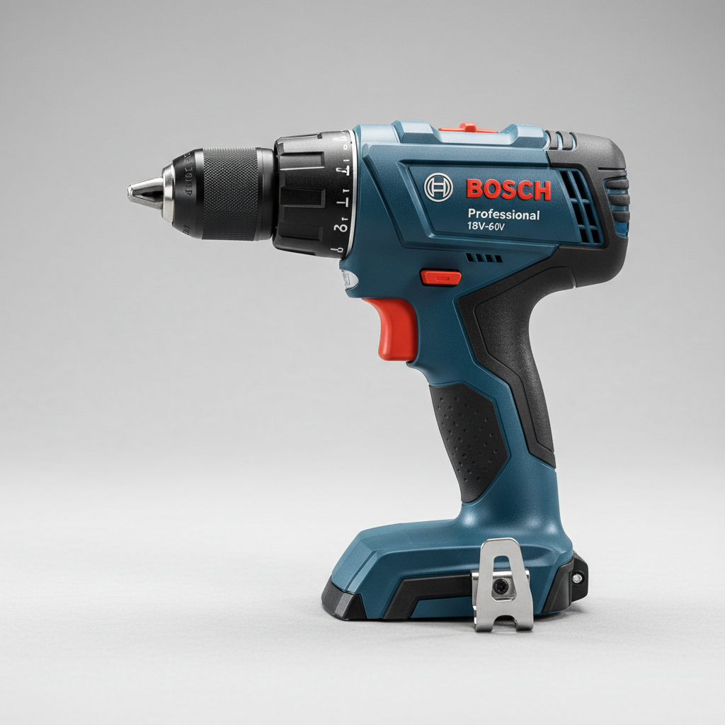 Professional brushless cordless drill on dark background with dramatic side lighting