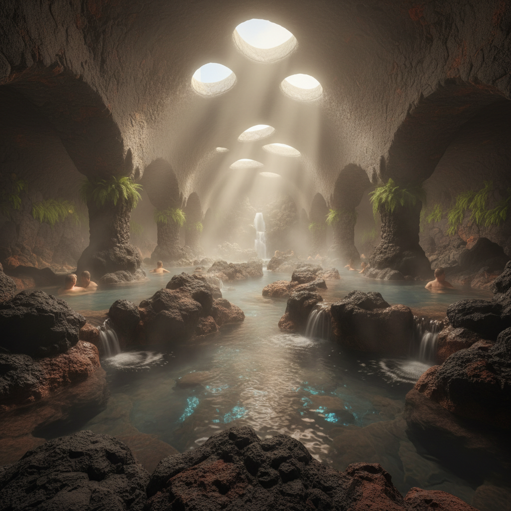 Thermal spa interior with volcanic stone pools, vaulted ceiling with skylights, and mist rising from heated water