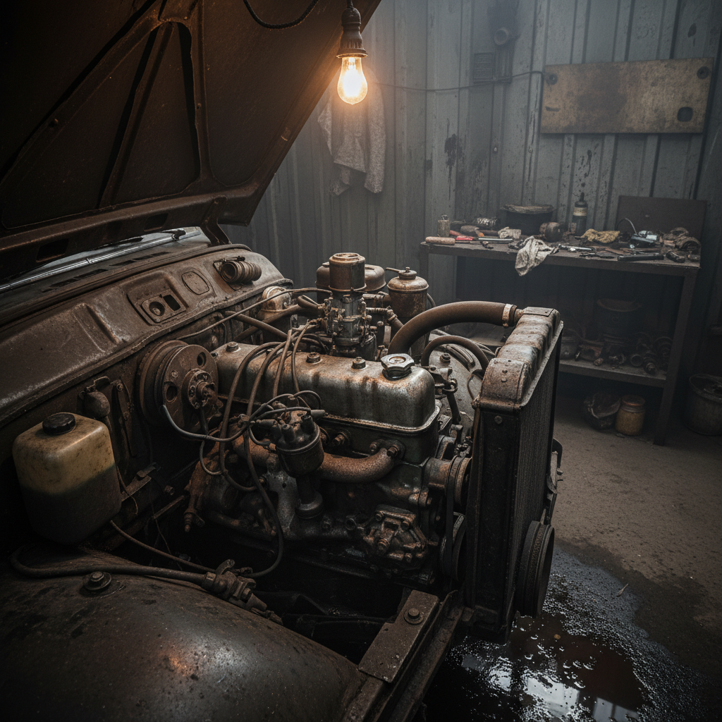 Performance diesel truck build in shop, dim atmospheric hangar, dark steel walls