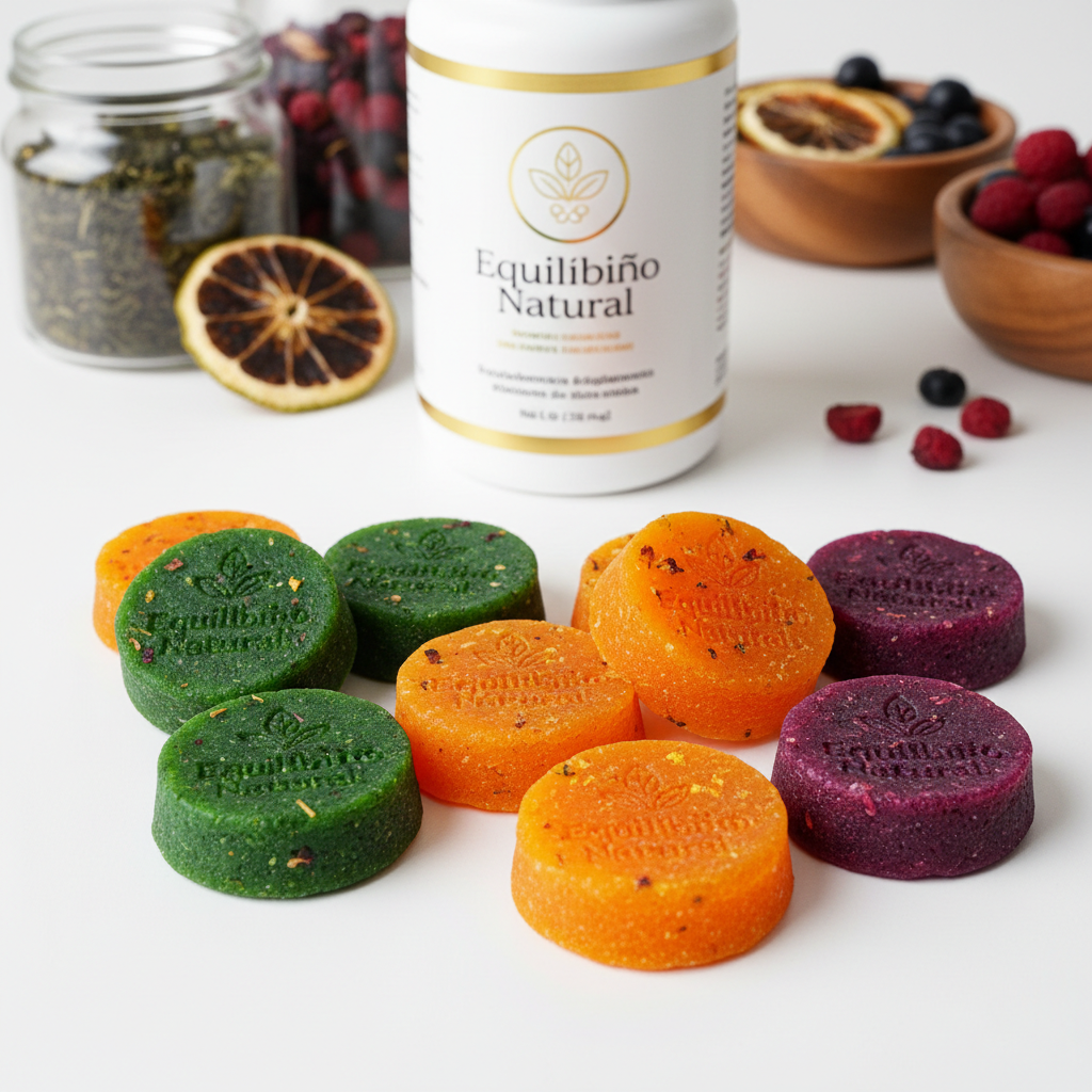 Colorful wellness gummies and supplements arranged on a white surface with flowers