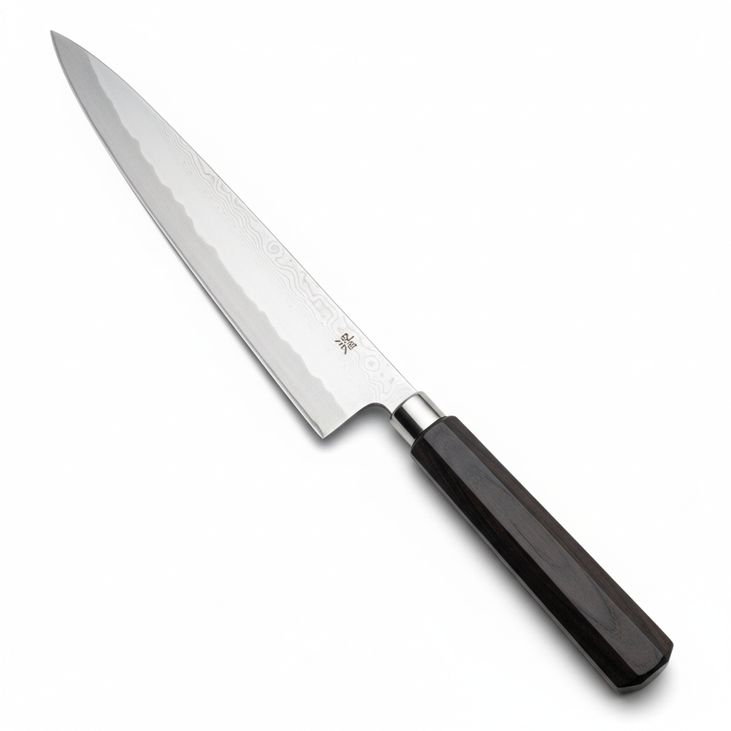 Slender Japanese-style utility knife with wa-handle in ebony, thin grind visible in sidelight