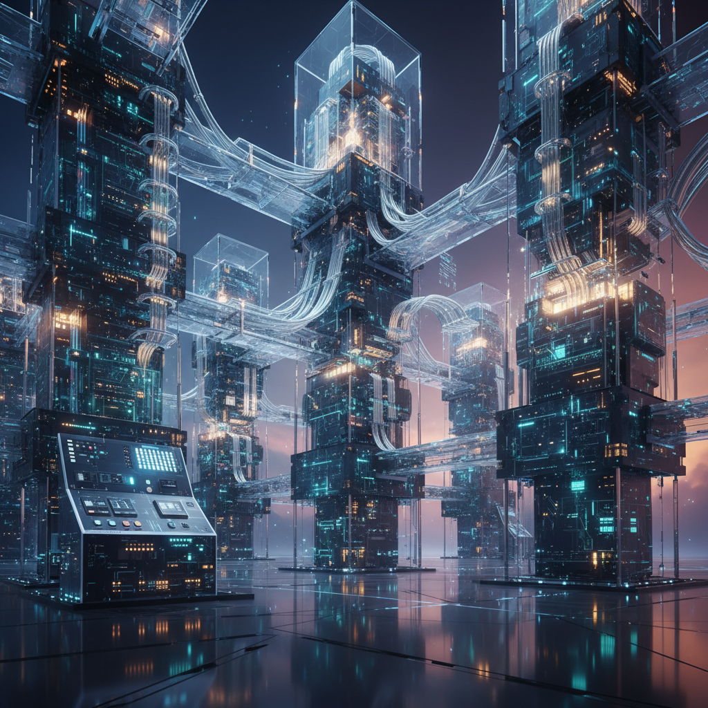 Dark server room with glowing data streams, blue and orange light, atmospheric depth, cinematic shadows