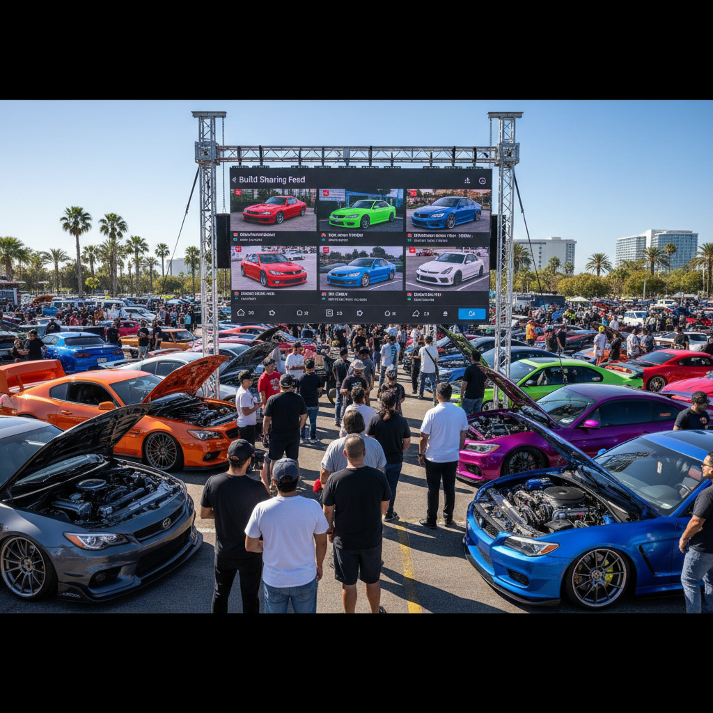 DreamBuild community screen showing car enthusiasts at a meet with build sharing feed