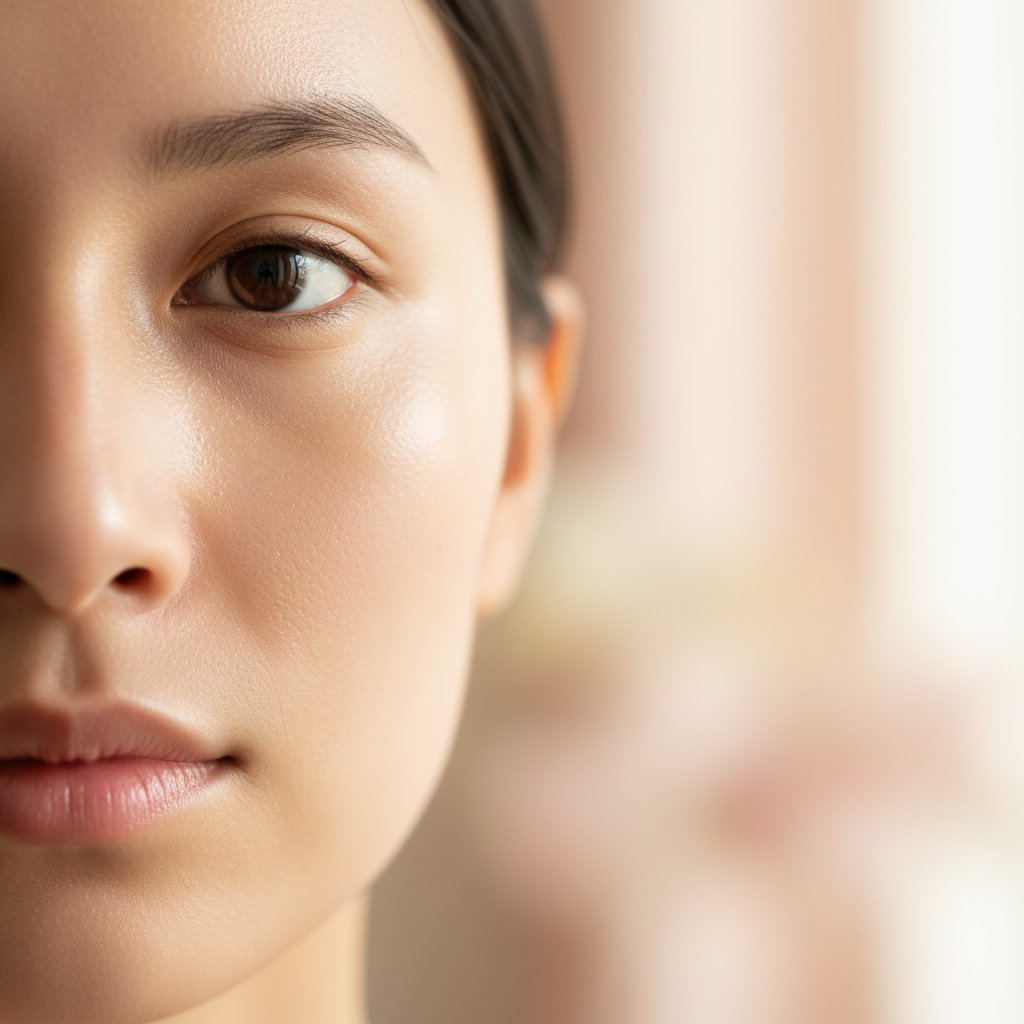Close-up of smooth facial skin with soft natural light showing healthy complexion
