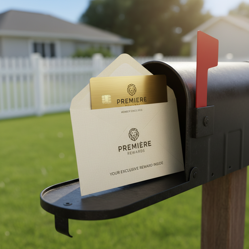 A reward card and branded envelope arriving in a residential mailbox on a sunny afternoon