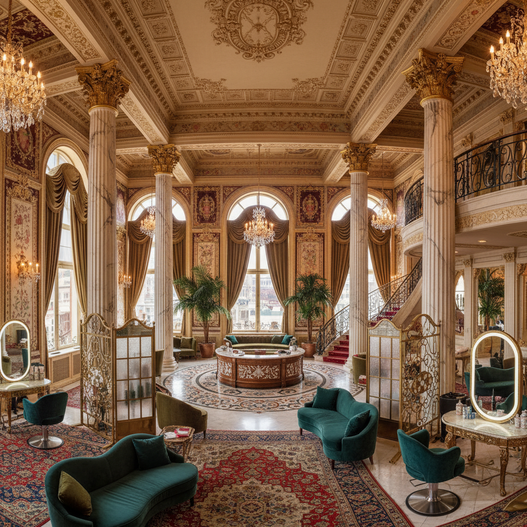 Luxuriöses Nagelstudio-Ambiente mit warmem, gedimmtem Licht, goldenen Oberflächen und professioneller Ausstattung