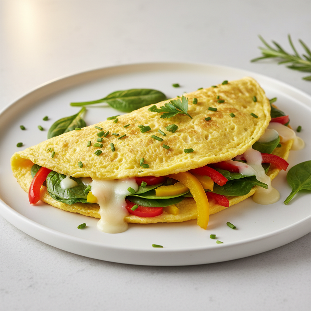 Fluffy western omelette with colorful peppers and melted cheese on a breakfast plate