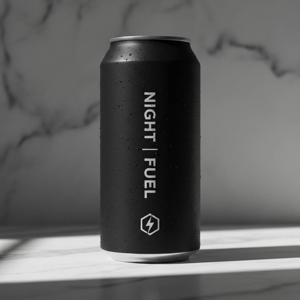 Large matte black energy drink can on a white marble surface with dramatic side lighting and condensation