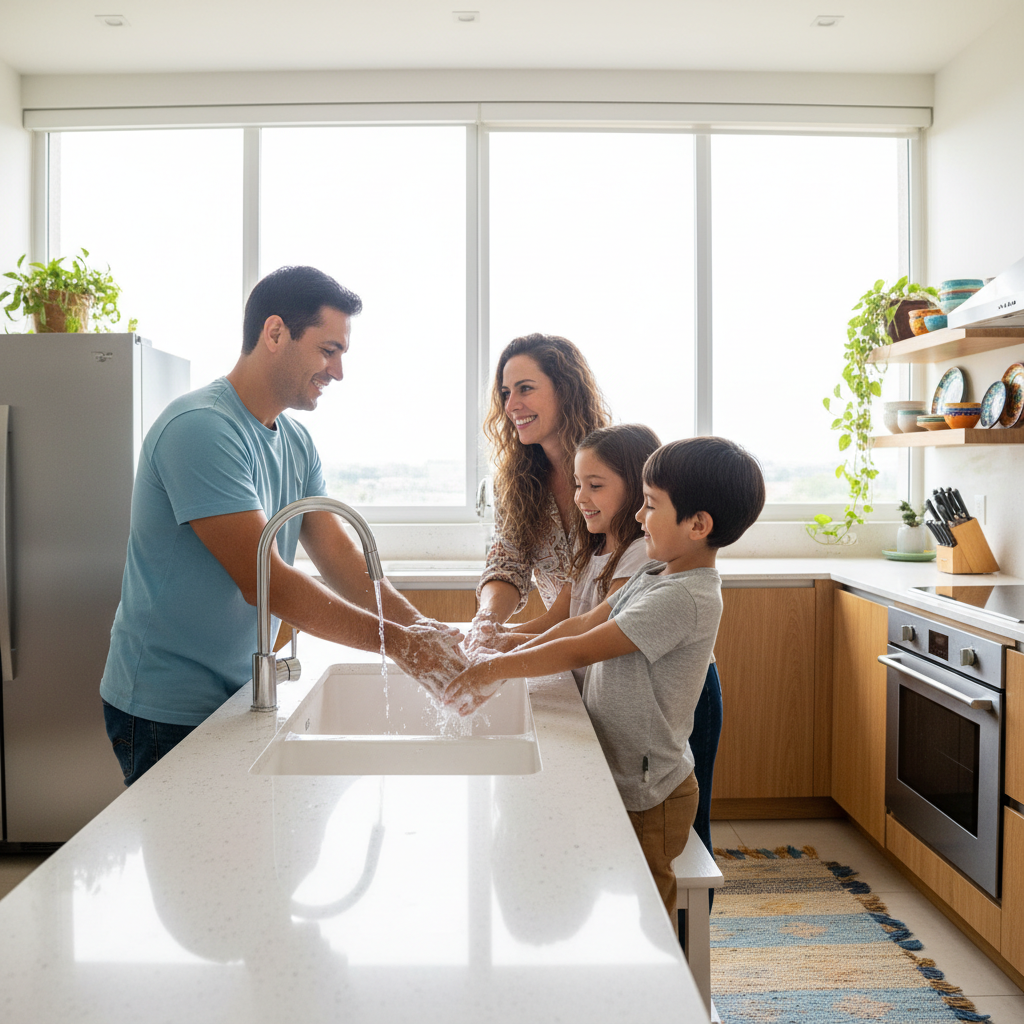 Family having breakfast in kitchen while window installation happens in adjacent room, life undisturbed