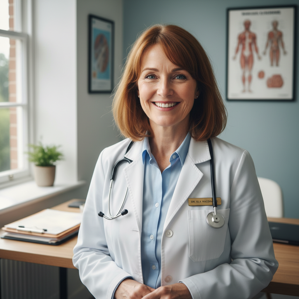 Professional woman doctor in white coat smiling warmly in medical office setting